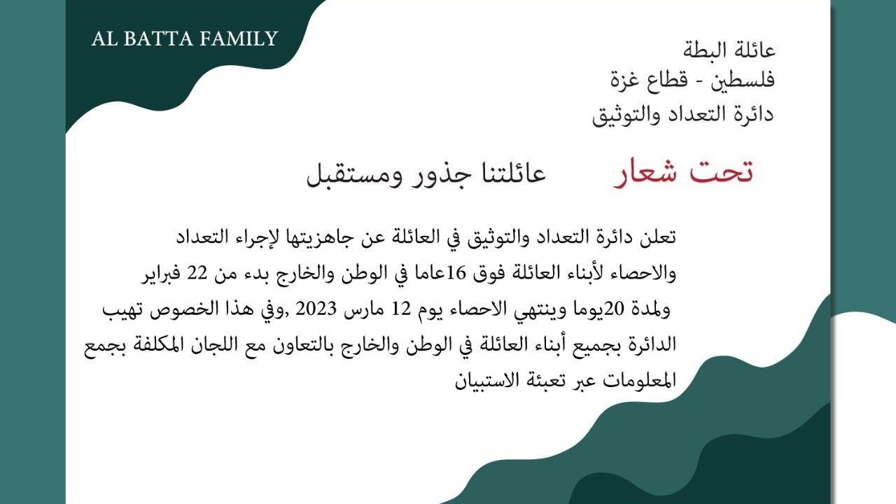 إعلان إجراء التعداد والاحصاء لأبناء العائلة في الوطن والخارج بدءً من يوم 22/فبراير ولمدة عشرين يومًا، وينتهي الاحصاء يوم 12مارس2023